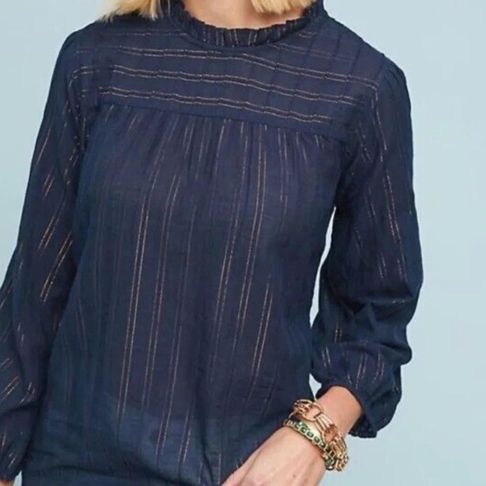 Anthropologie Maeve Reston Navy Metallic Stripe Top